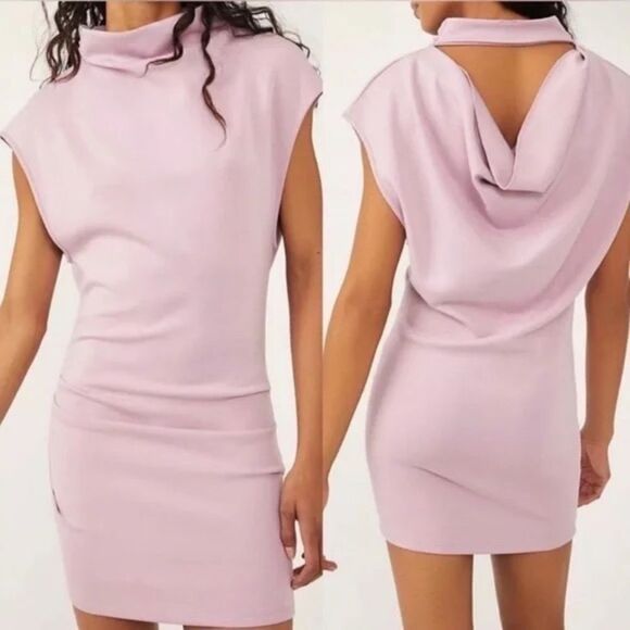 Free People Lilac Purple Amelie Mock Neck Cowl Back Mini Dress Sz S Chic Glam - Picture 1 of 9